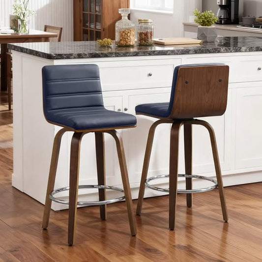 Bar Stools - Bekrvio 26" Swivel Bar Stools Set of 2, Faux Leather Upholstered Counter Chairs with Wood Legs, Mid-Century Seating for Kitchen Island,Blue