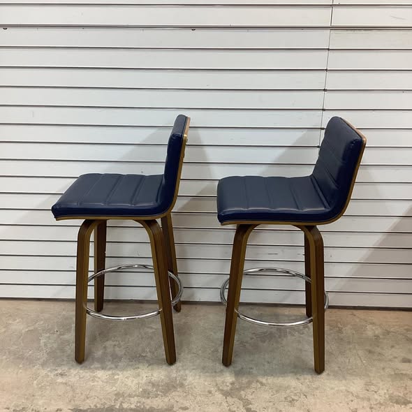Bar Stools - Bekrvio 26" Swivel Bar Stools Set of 2, Faux Leather Upholstered Counter Chairs with Wood Legs, Mid-Century Seating for Kitchen Island,Blue