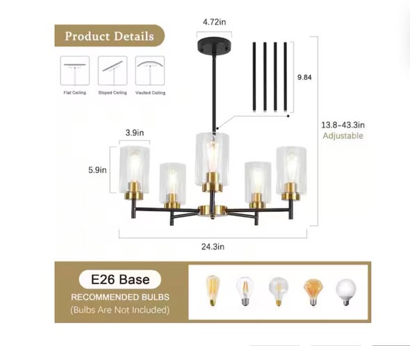 Chandelier - Delmo 5-Light Black/Gold Dimmable Rustic Chandelier with Cylinder Glass Shade Kitchen Island Pendant Light
