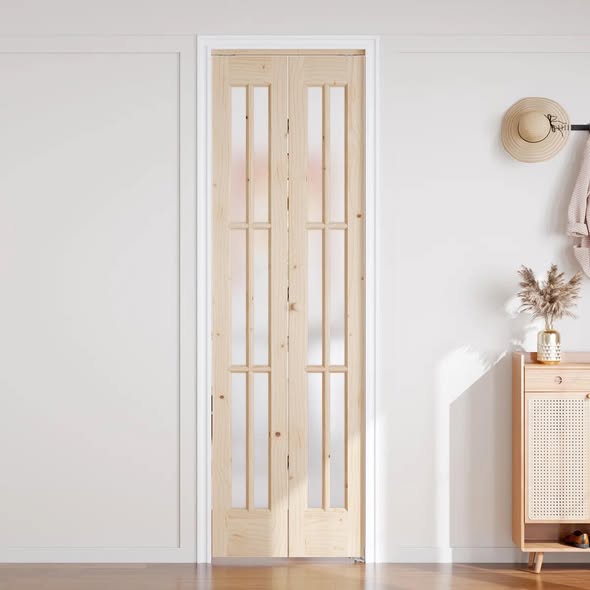 Door - Unfinished Solid Wood Glass Bi-Fold Door With Installation Hardware Kit - 24” x 80”