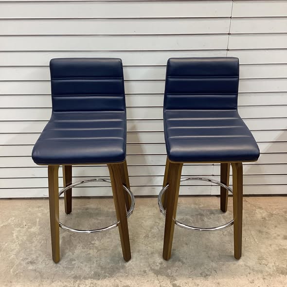 Bar Stools - Bekrvio 26" Swivel Bar Stools Set of 2, Faux Leather Upholstered Counter Chairs with Wood Legs, Mid-Century Seating for Kitchen Island,Blue