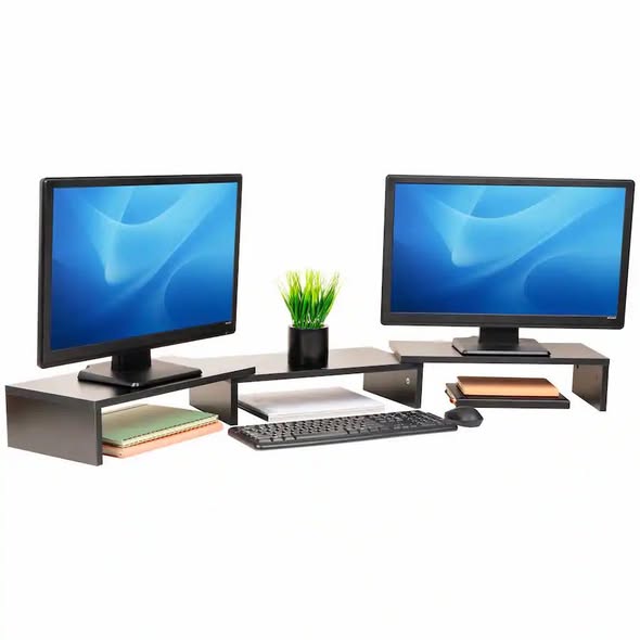 Computer Monitor Stand - Mind Reader - Dual Monitor Stand, Adjustable MDF Desktop Riser for Laptop, Monitor, TV, Expands to 51.25" Wide - Black
