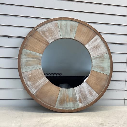 Mirror - 27.5" Round Tricolor Wooden Wall Mirror with Attached Hanger