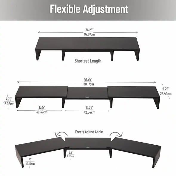 Computer Monitor Stand - Mind Reader - Dual Monitor Stand, Adjustable MDF Desktop Riser for Laptop, Monitor, TV, Expands to 51.25" Wide - Black