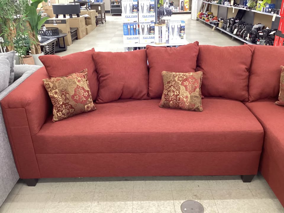 Red Fabric L-Shaped Sectional with Accent Pillows