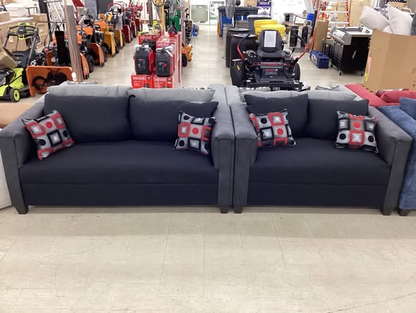 Black Fabric Couch and Loveseat Set with Charcoal Faux Leather Arms