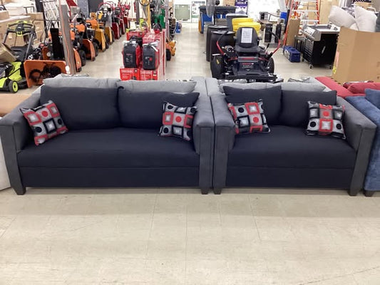 Black Fabric Couch and Loveseat Set with Charcoal Faux Leather Arms
