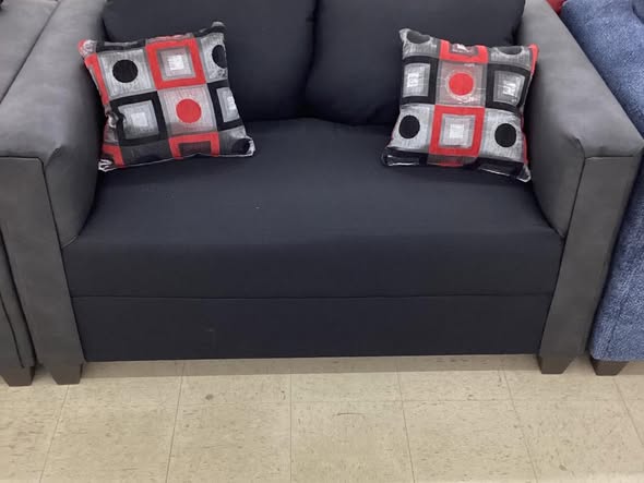 Black Fabric Couch and Loveseat Set with Charcoal Faux Leather Arms