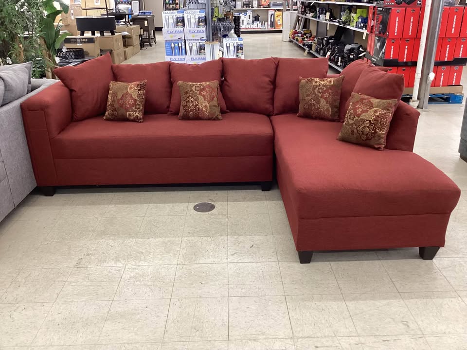 Red Fabric L-Shaped Sectional with Accent Pillows