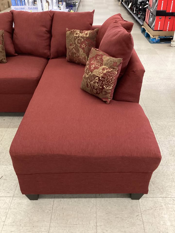 Red Fabric L-Shaped Sectional with Accent Pillows