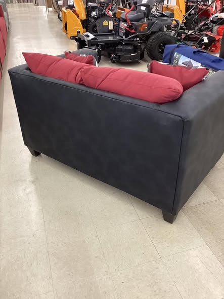 Red Fabric Couch and Loveseat Set with Charcoal Faux Leather Arms