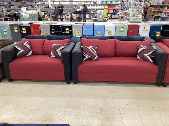 Red Fabric Couch and Loveseat Set with Charcoal Faux Leather Arms