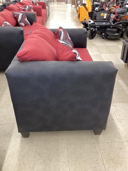 Red Fabric Couch and Loveseat Set with Charcoal Faux Leather Arms