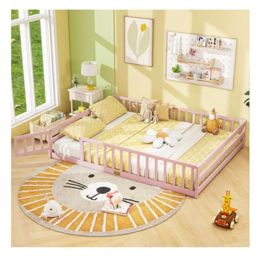 Queen Size Floor Bed Kids Montessori Bed Frame with Full Length Safety Guardrails