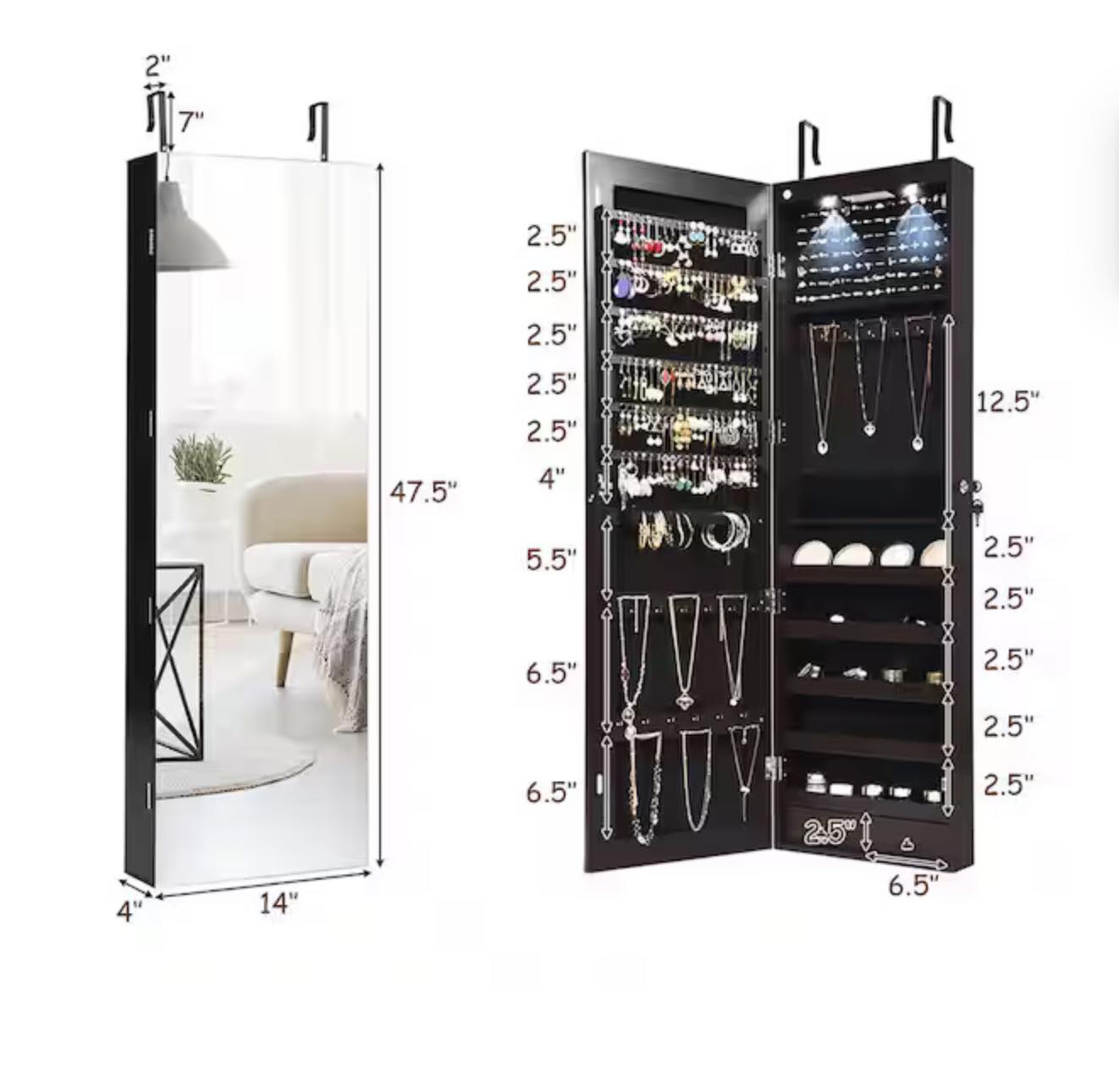 Costway Brown Mirrored Wall Jewelry Cabinet with LED Lights