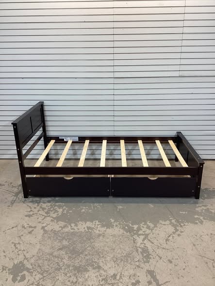 Twin Size Bed Frame with Storage Drawers and Solid Wood Headboard
