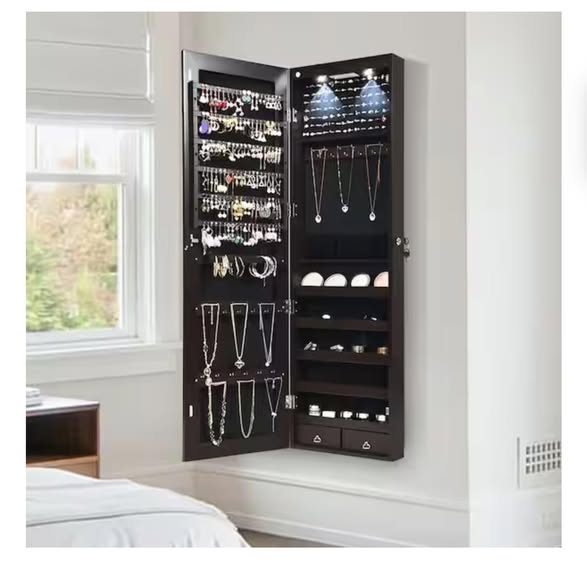 Costway Brown Mirrored Wall Jewelry Cabinet with LED Lights