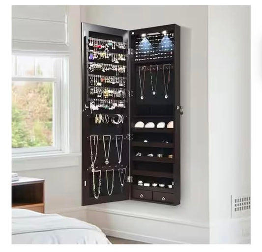 Costway Brown Mirrored Wall Jewelry Cabinet with LED Lights