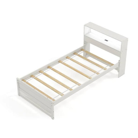 Costway - Twin Size Wooden Bed Frame w/ Charging Station & LED Light Storage Headboard - White