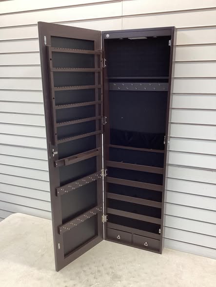 Costway Brown Mirrored Wall Jewelry Cabinet with LED Lights