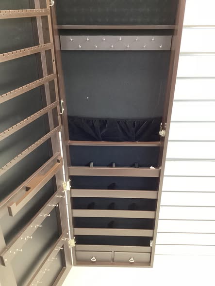 Costway Brown Mirrored Wall Jewelry Cabinet with LED Lights