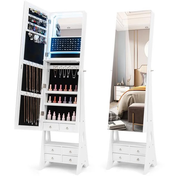 Freestanding Full Length Mirrored Jewelry Armoire with 6 Drawers