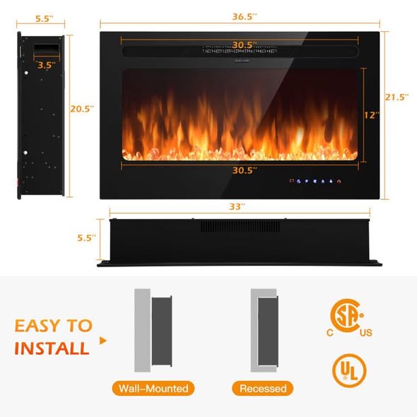Fireplace Insert - Costway 36 Inch Electric Fireplace Insert Wall Mounted with Timer