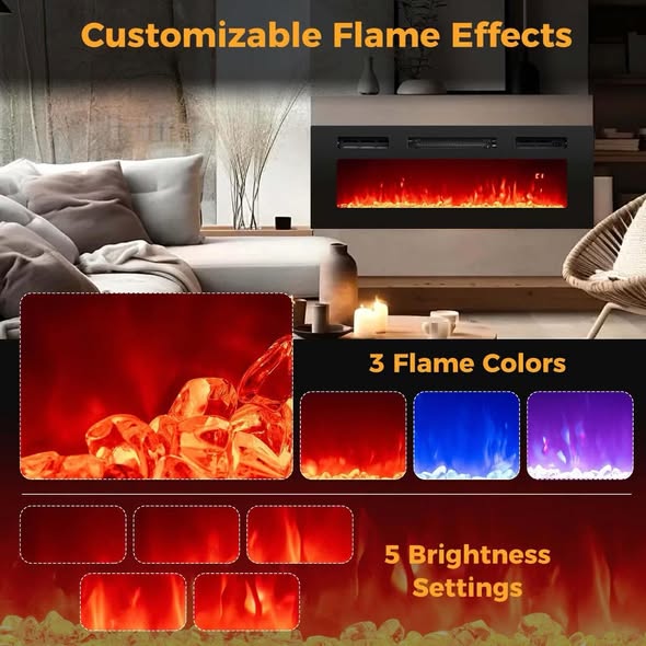 Costway 36" 5,000 BTU Electric Fireplace with LED Light Strips Remote Crystal Stones