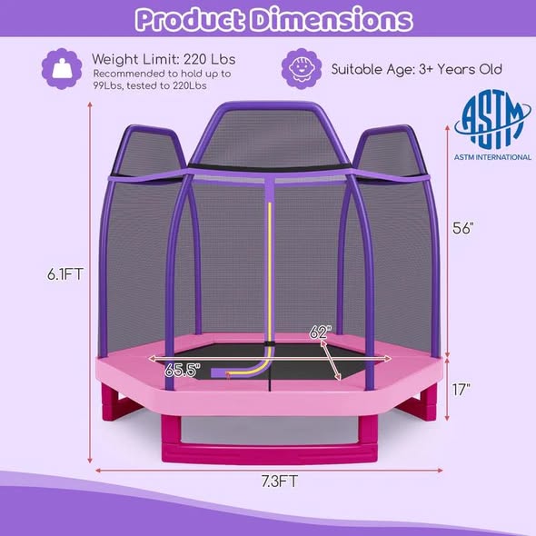 Costway 7 Feet Kids Recreational Bounce Jumper Trampoline-Pink