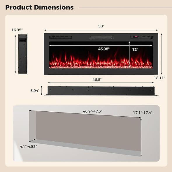 36 in. WiFi Electric Fireplace Insert Heater Wall-Mount or Recessed 5100 BTU Smart Control