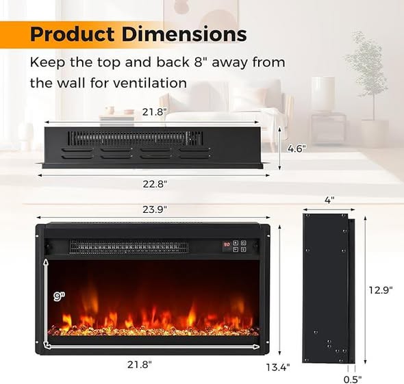 COSTWAY 23 Inch Recessed Fireplace Heater, Electric Fireplace Insert w/Multi-Color Flame & Crystal Ember Bed, Remote Control, 9H Timer, Built-in Thermostat & Overheat Protection, 1500W