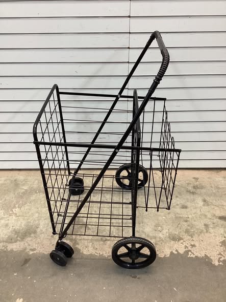 Folding Shopping Cart with Swiveling Wheels and Dual Storage Baskets.