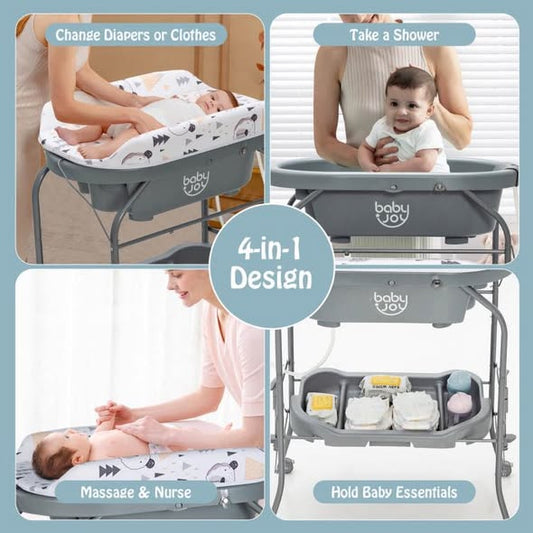 Folding Baby Changing Table with Bathtub and 4 Universal Wheels