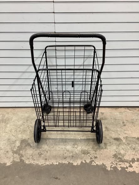 Folding Shopping Cart with Swiveling Wheels and Dual Storage Baskets.