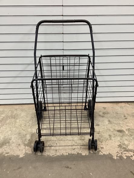 Folding Shopping Cart with Swiveling Wheels and Dual Storage Baskets.