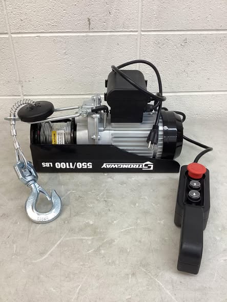 Hoist - Strongway Electric Cable Hoist, 550-Lb. Single Line Capacity/1100-Lb. Double Line Capacity, 38ft./19ft. Lift. Has cracked stopper .