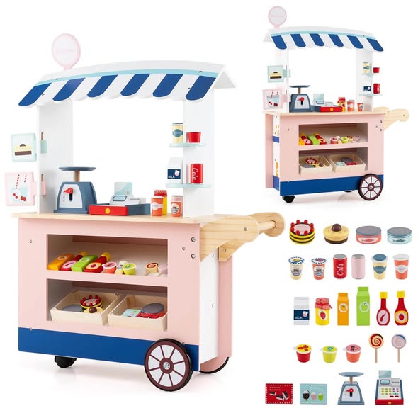 Costway Kids Snacks & Sweets Food Cart Kids Toy Cart Play Set with 30 PCS Accessories Pink