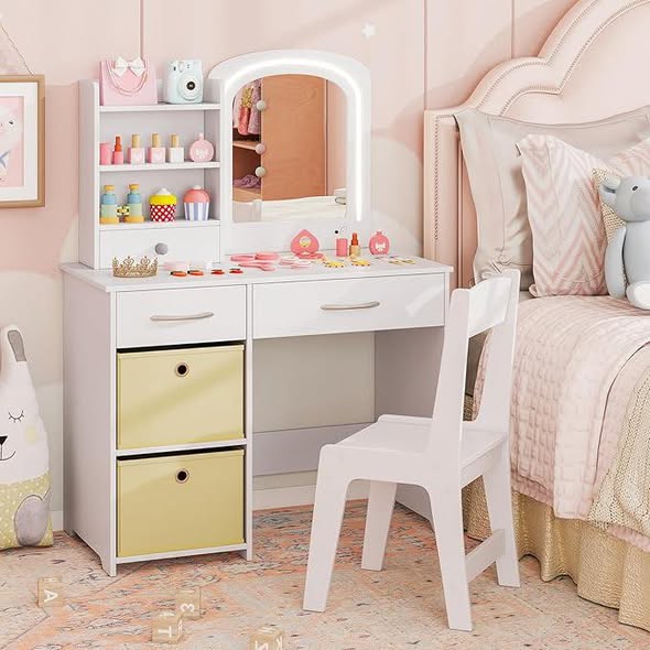 Costway Kids Vanity with Lights, Princess Makeup Dressing Desk with Mirror and Stool