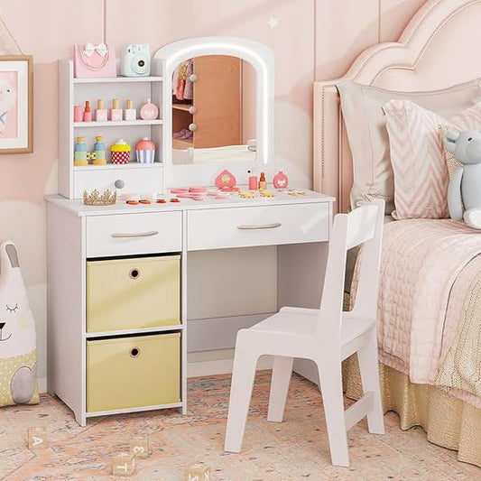 Costway Kids Vanity with Lights, Princess Makeup Dressing Desk with Mirror and Stool