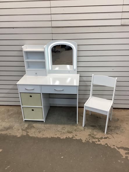 Costway Kids Vanity with Lights, Princess Makeup Dressing Desk with Mirror and Stool