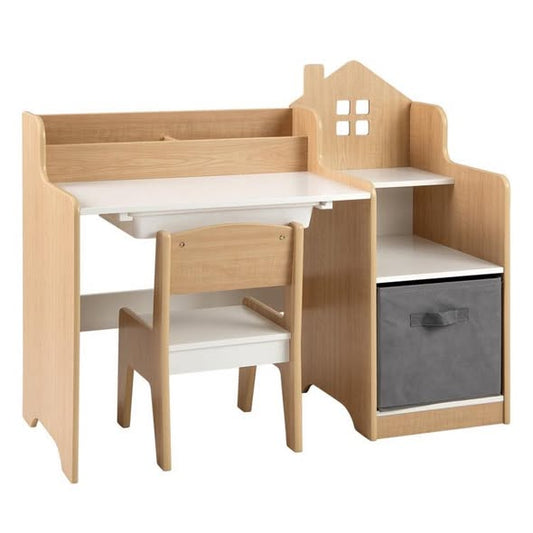 Costway Kids Study Desk and Chair Set with Open Shelves Drawer and Fabric Storage Bin
