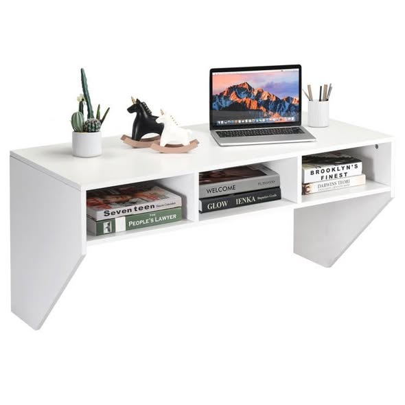 Costway Wall Mounted Floating Computer Table Desk Home Office Furni Storage Shelf White