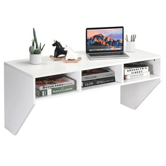 Costway Wall Mounted Floating Computer Table Desk Home Office Furni Storage Shelf White
