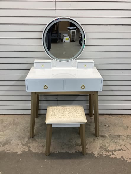 Costway Vanity Set with LED Lighted Mirror Round Mirror & Soft Cushioned Stool 4 Drawers