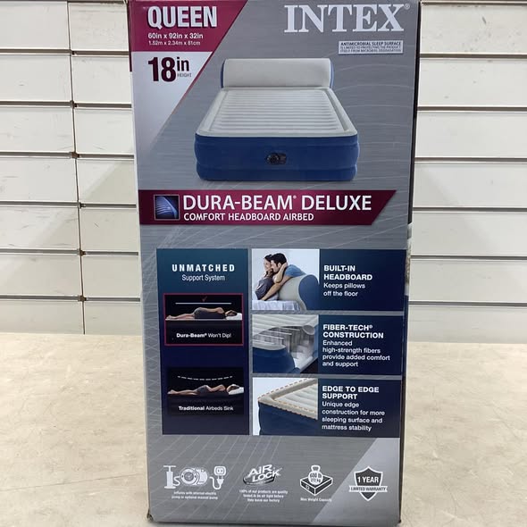 Intex Queen DuraBeam Headboard Air Mattress w/ Internal Pump