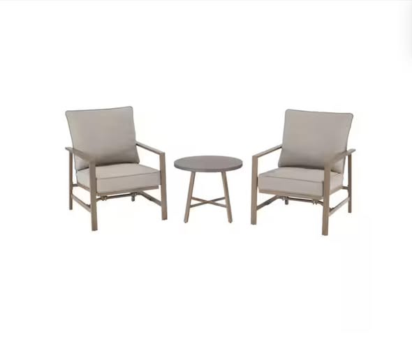 Hampton Bay River Haven 3-Piece Steel Outdoor Bistro Motion Chat Set with CushionGuard Riverbed Tan Cushions