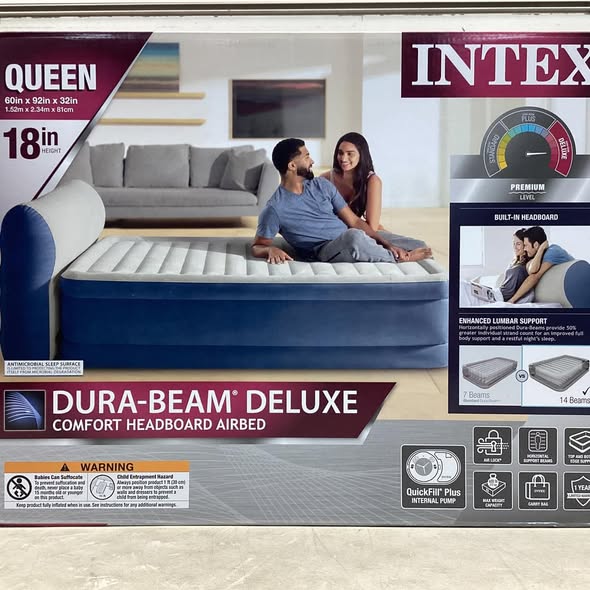 Intex Queen DuraBeam Headboard Air Mattress w/ Internal Pump