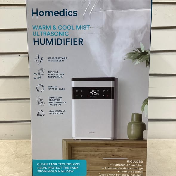 Homedics Premium Warm & Cool Mist Ultrasonic Humidifier, Topfill, 58 Hour Runtime