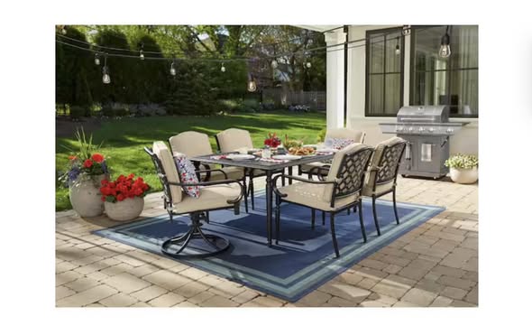 7-Piece Dark Brown Steel Outdoor Patio Dining Set with CushionGuard Putty Cushions