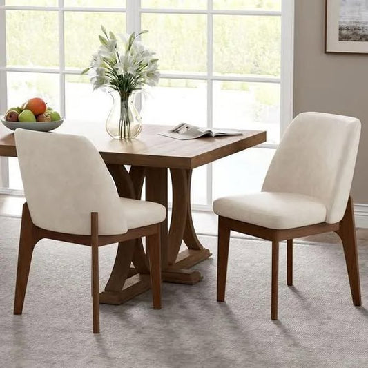 Set of 2 upholstered side chairs with wooden legs, suitable for kitchen, dining room and office - Beige
